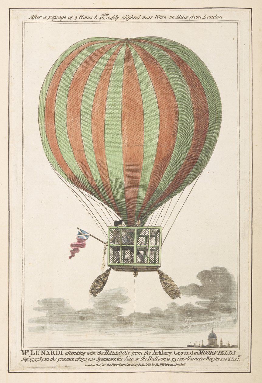 Vincent Lunardi a levegőben a Moorfieldsből való felemelkedése után, 1784. szeptember (színes metszet) alkotó: English School