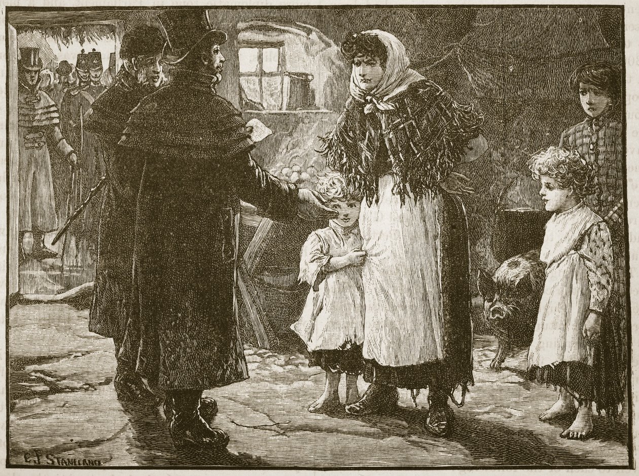 Tizedproktor látogatása, Írország, 1832, illusztráció: Cassells Illustrated History of England (szépia fotó) alkotó: English School