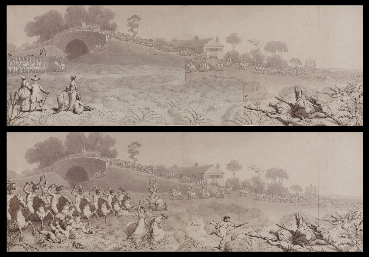 Önkéntes áttekintés a Wormwood Scrubsnál, bemutatva a Mitre Tavernt és a Mitre Bridge-et, Hammersmith, 1800 körül (mosás papíron) alkotó: English School