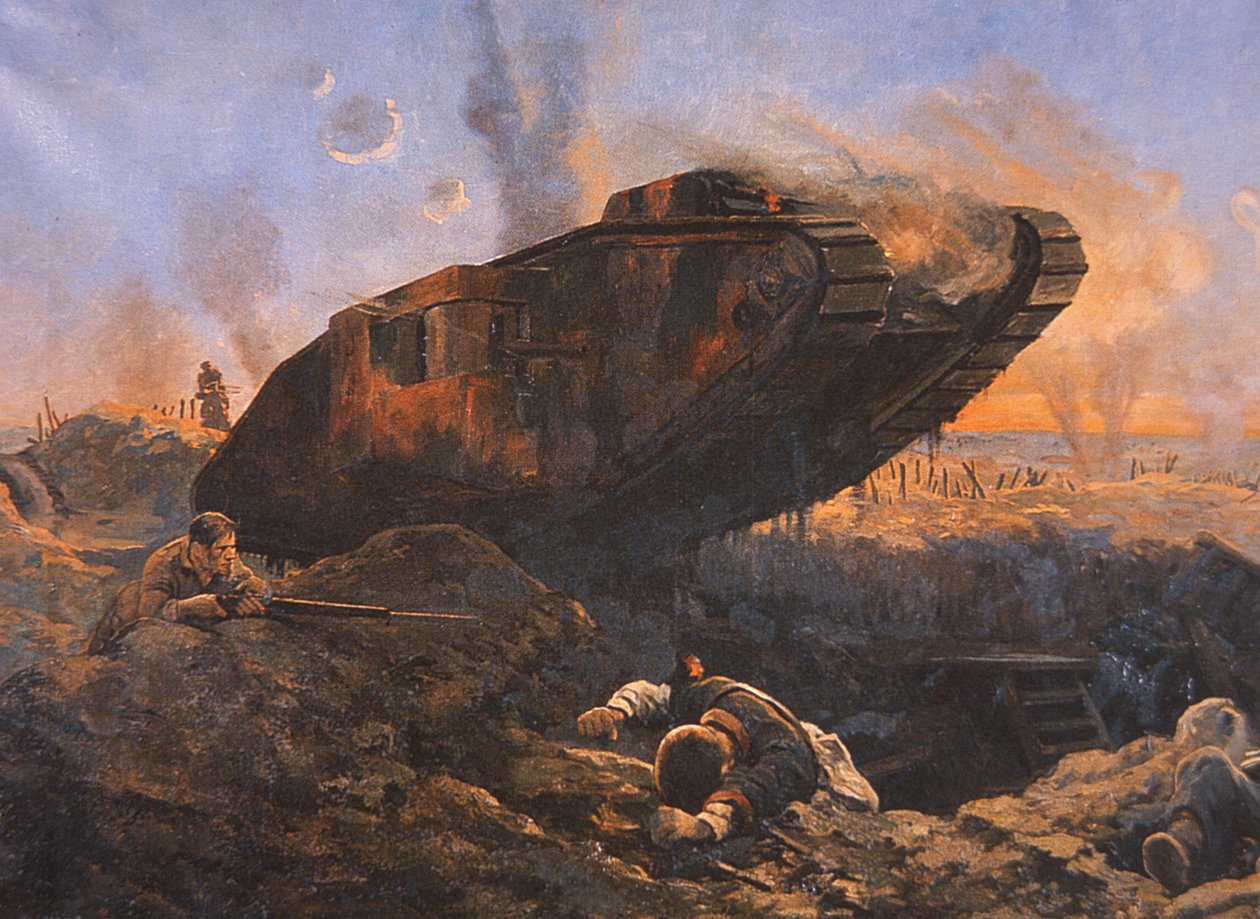 világháborús brit tank akcióban a nyugati fronton alkotó: English School