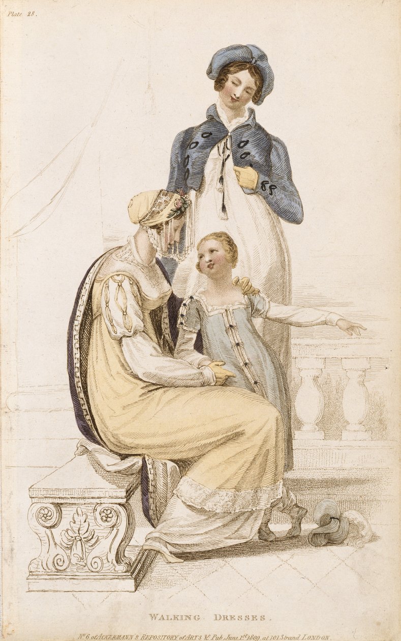 Sétálóruhák, divatlap az Ackermanns Repository of Arts-tól, pub. 1809 június 1 alkotó: English School