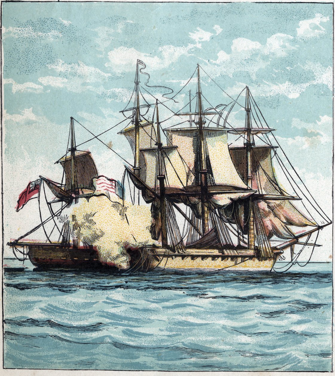 1812-es háború az Egyesült Államok és Nagy-Britannia között: a Chesapeake fregatt a „” Shannon” brit fregatt ellen vívott tengeri csatában 1813. június 1-én Boston mellett. "Chesapeake és Shannon" alkotó: English School