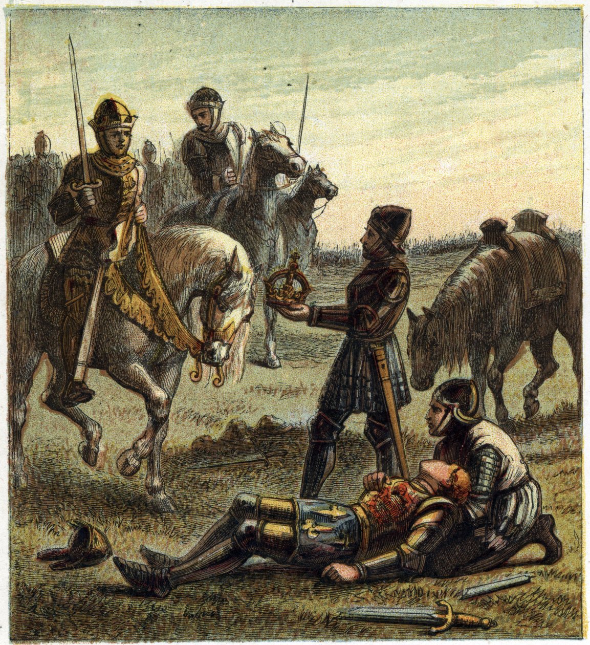 A két rózsa háborúja: III. Richárd király (1452-1485) halála a Bosworth Field-i csata során, amely 1485.08.22. III. Richard és Henri, Richmond hercege között történt. Ez utóbbi megkapta a dechu király koronáját, és VII. Henrik lett Tudor Henrikként alkotó: English School