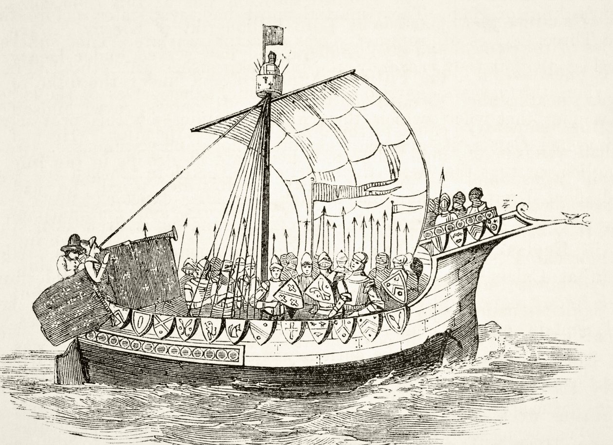Hadihajó a 15. században, William Hickman Smith Aubrey (1858-1916) „Anglia nemzeti és hazai története” című könyvéből, London, 1890 körül alkotó: English School
