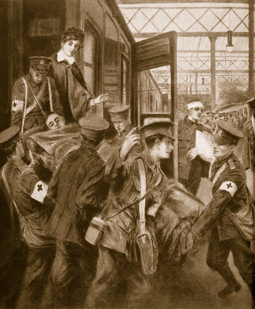 Háborús sebesültek érkeznek egy londoni vasúti végállomásra, 1914-1919 alkotó: English School