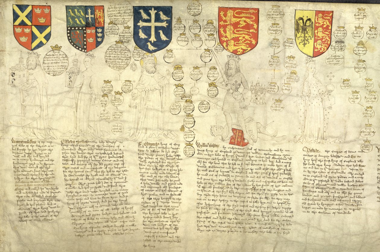 Warremundus, a szászok királyi véréből, a „The Rous Roll”-ból, John Rous illusztrált tekercs-krónikája alkotó: English School