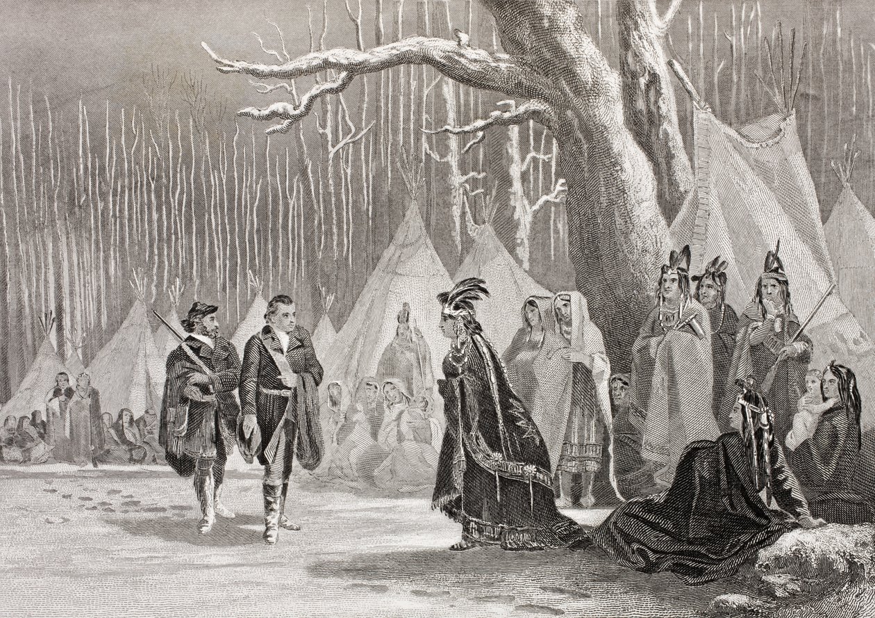 Washington és Gist meglátogatja Alliquippa indiai királynőt, az 1880 körül megjelent „Történelmi arcképek galériájából” alkotó: English School