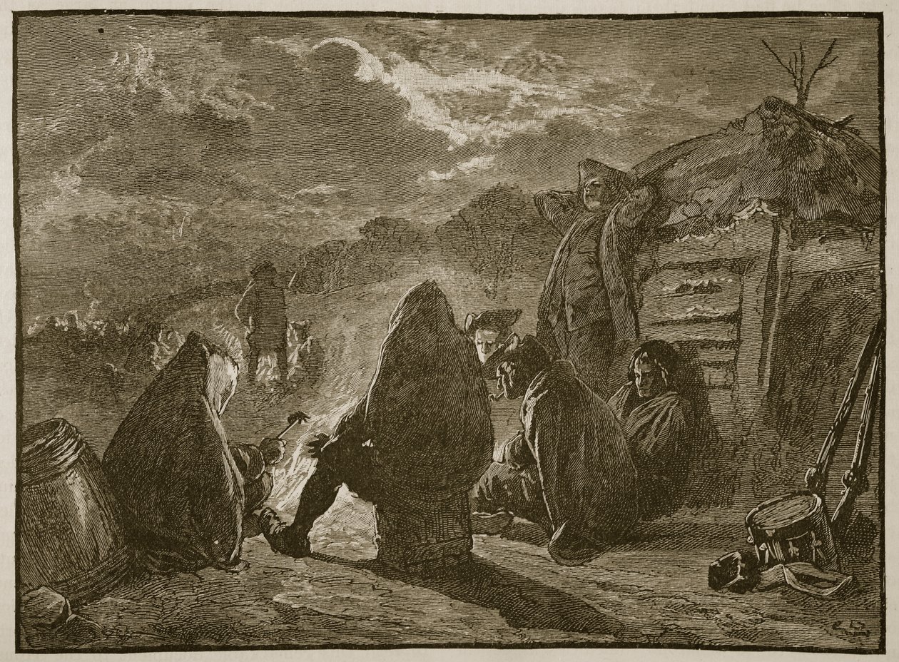 Washington a Valley Forge-i tábortűz mellett, illusztráció a Cassells Illustrated History of Englandből (szépia fotó) alkotó: English School