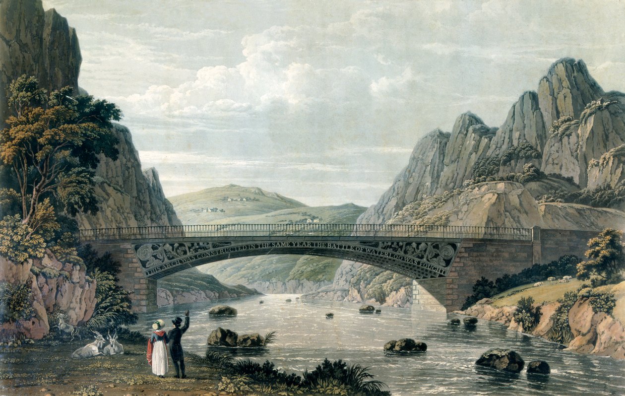 Waterloo híd a Conwy folyón, Wales (színes gravírozás) alkotó: English School