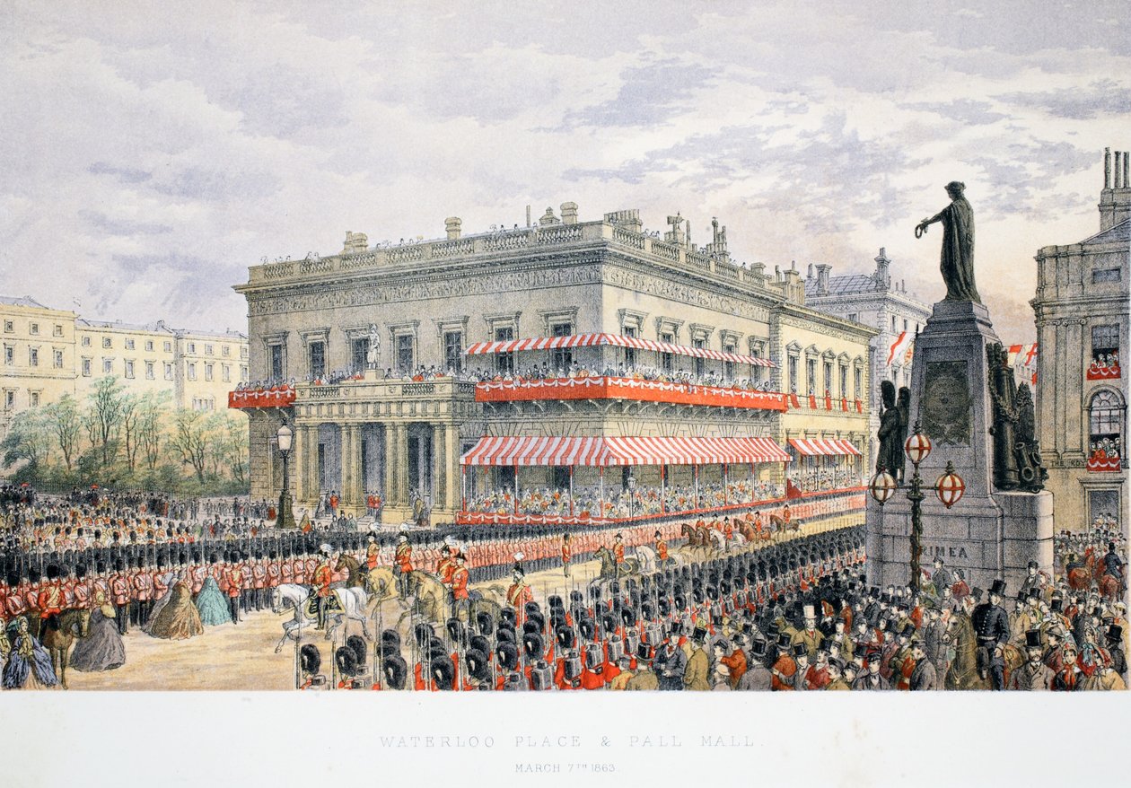 A Waterloo Place és a Pall Mall, VII. Edward és a dán Alexandra házasságának emlékműve, pub. 1864 alkotó: English School
