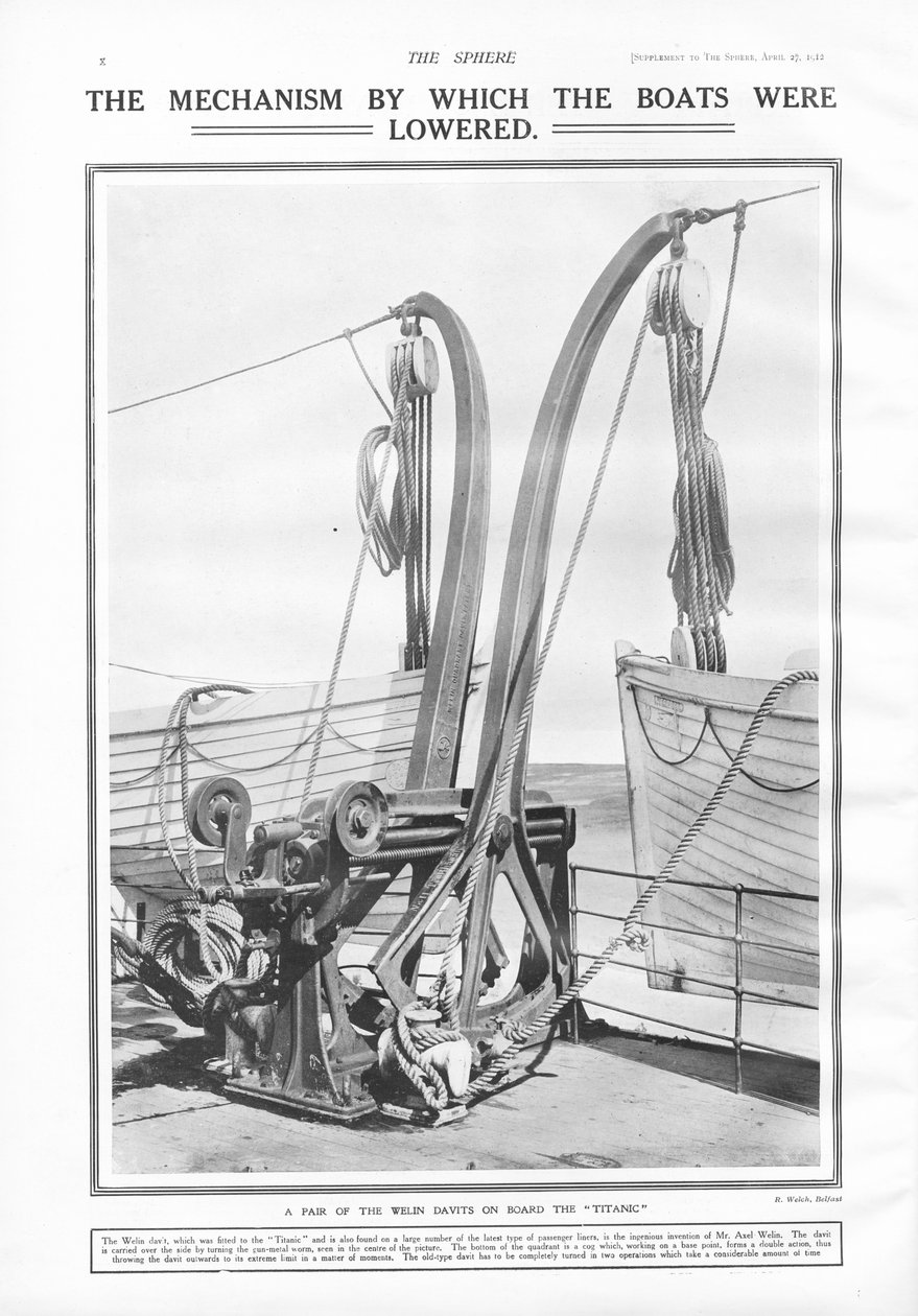 Welin davits, a mechanizmus, amellyel a csónakokat leengedték, a The Sphere-ből, 1912. április 27. alkotó: English School