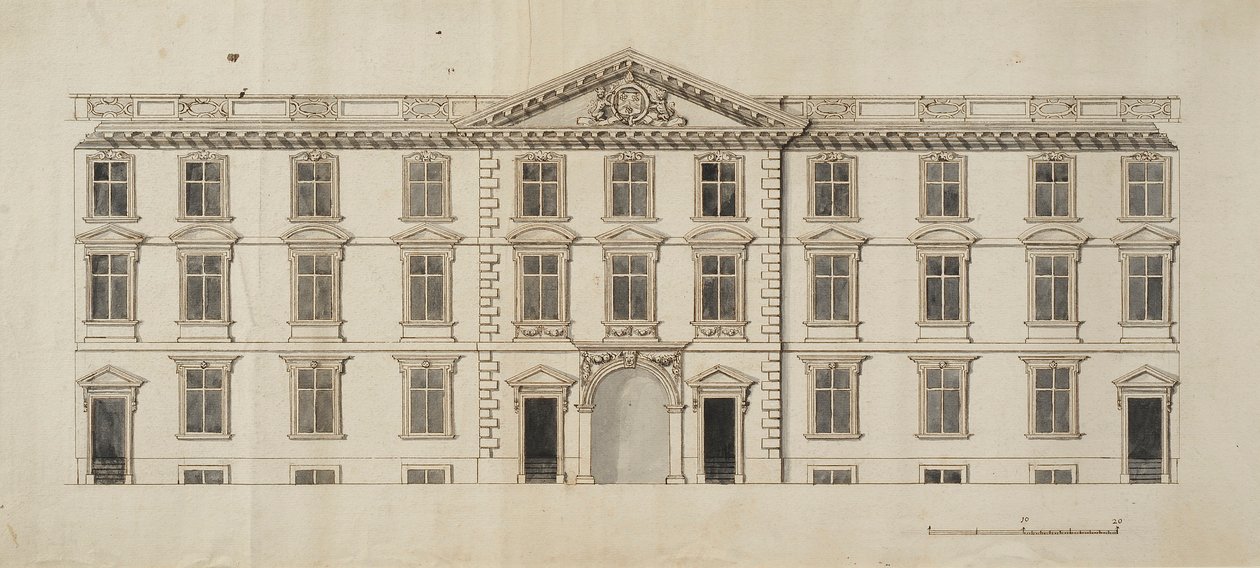 A New College-i Garden Quadrangle tervezett új épületének nyugati frontja, 1680 körül (tinta és szürke mosás papíron) alkotó: English School
