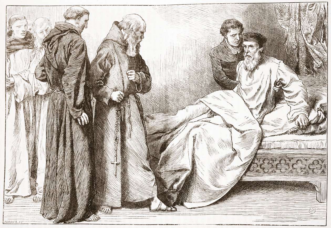 Wycliffe és a szerzetesek: jelenet az ágykamrában, illusztráció: James Aitken Wylie (1808-1890) A protestantizmus története című könyvéből, kocsma. 1878 alkotó: English School