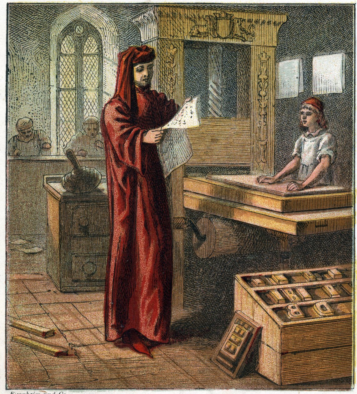 William Caxton (1422-1491), első angol nyomdász, műhelyében nyomdagéppel. William Caxton, az első angol nyomdász. alkotó: English School