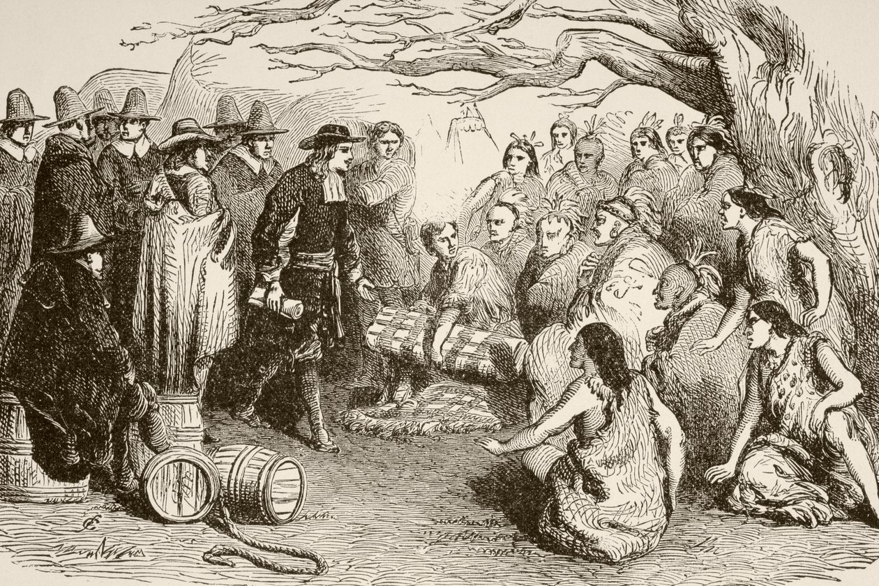 William Penn makes a treaty with the Delaware or Lenape Indians in 1682 (litho) alkotó: English School