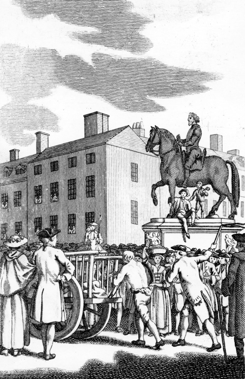 William Stroud, "Egy ember ostorral a szekér farkánál kis Larcenynek Charing Crosstól a lóőrökig", a Tyburn Chronicle számára vésve alkotó: English School