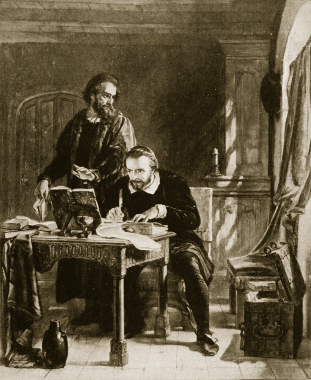 William Tyndale fordítja az Újszövetséget, illusztráció a Hutchinsons Story of the British Nation című könyvéből, 1923 körül alkotó: English School