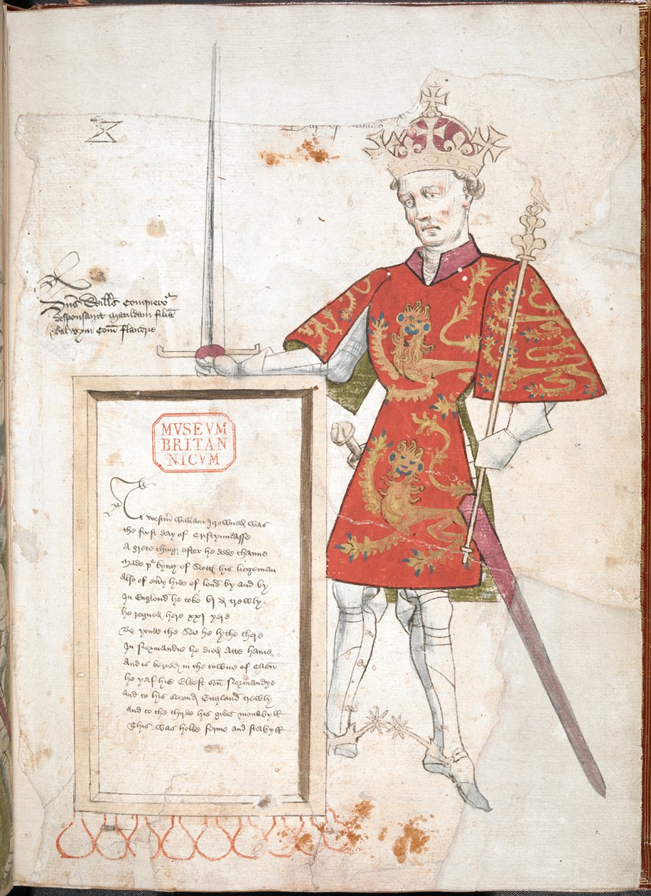 Hódító Vilmos, egy angol király páncélban és páncélban, átadja a verses emléktáblát (vellum) alkotó: English School
