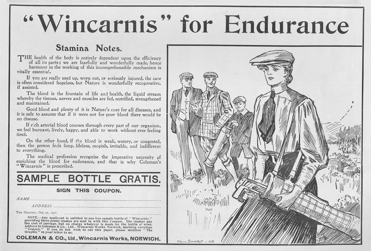 Wincarnis for Endurance, reklám a The Graphic-ból, 1906. október 27 alkotó: English School