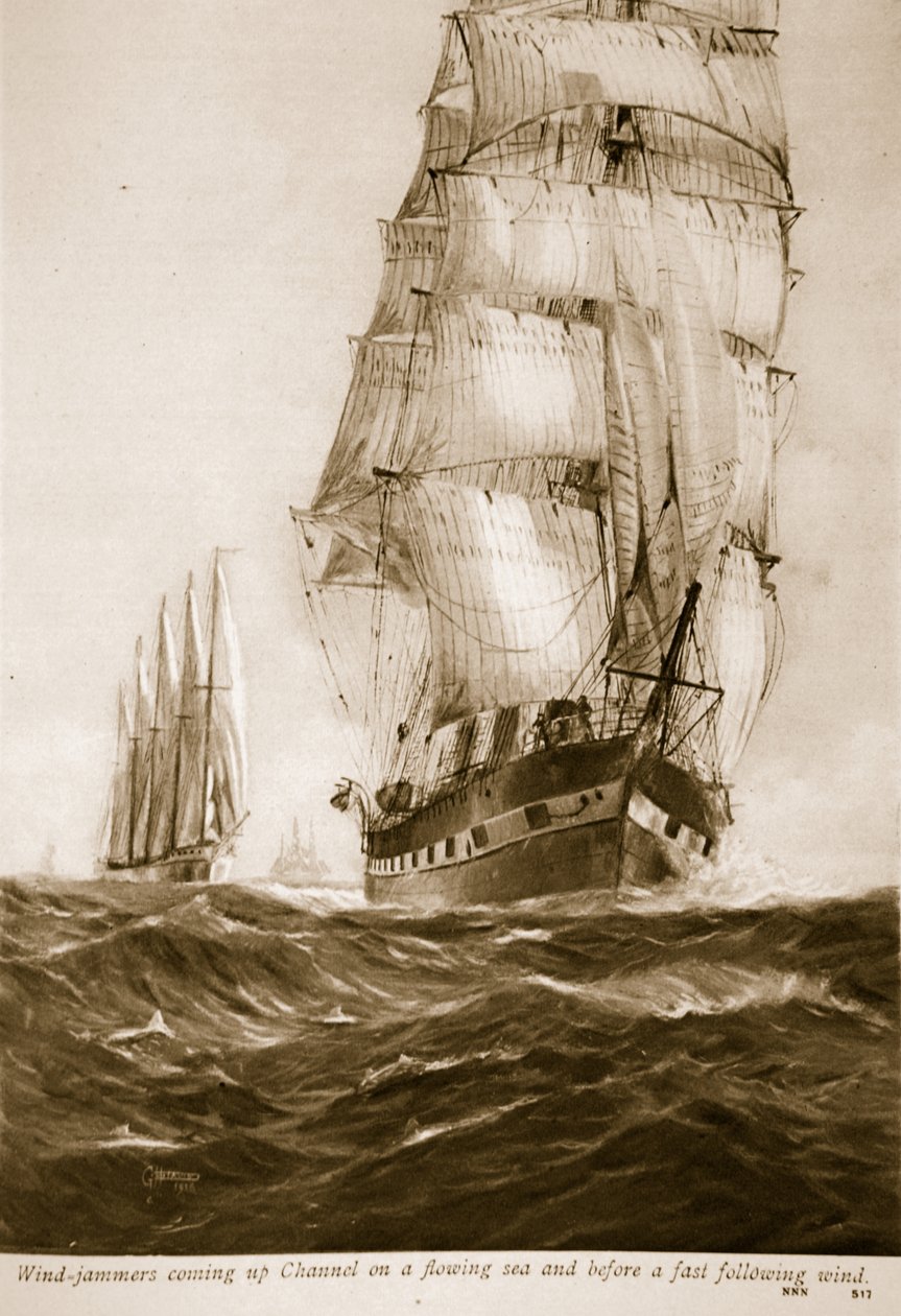 Szélzavarók jönnek fel a Csatornán egy folyó tengeren és egy gyors követő szél előtt, 1914-1919 alkotó: English School