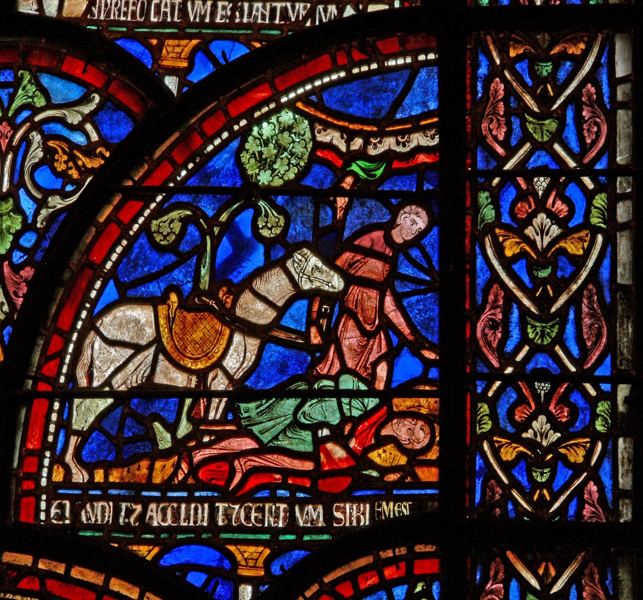 Windows 7, amely egy jelenetet ábrázol egy St Thomas Becket Miracle ablakból: Gloucesteri Vilmost eltemették, de a hangja hallatszik alkotó: English School