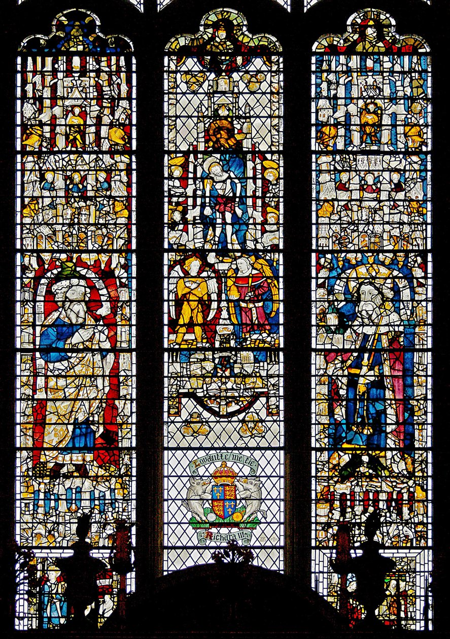 W12 ablak, amely Corpus Christit, Isaiah-t és Edwin királyt ábrázolja alkotó: English School