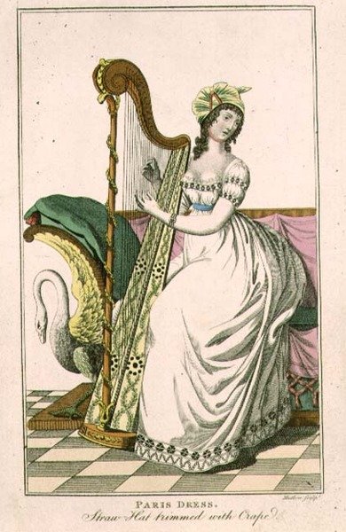 Nő párizsi ruhában és kreppekkel díszített szalmakalapban, hárfán játszik, illusztráció a "Ladies" magazinból, metszett: J. Mutlow (fl.1810-40) 1817 körül (metszet) alkotó: English School