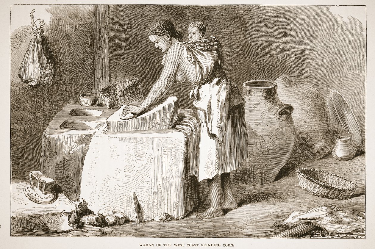 A nyugati parton élő nő kukoricát őröl, illusztráció a David Livingstone élete és felfedezései képi kiadásából, J. Ewing Richie, pub. A. Fullarton & Co., 1876 alkotó: English School