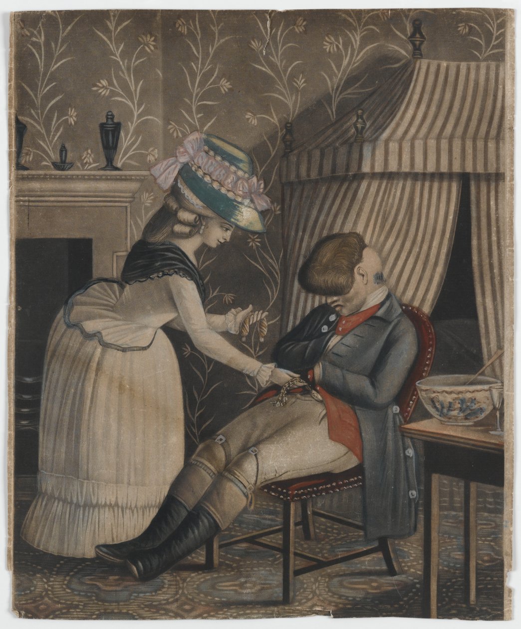 Nő harisnyát és zsebórát lop egy alvó férfitól, 1790 körül (kézzel színezett mezzotint) alkotó: English School