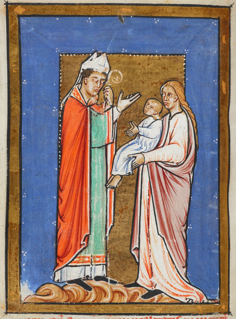 Yates Thompson 26 f.62v St. Cuthbert Egy gyermek gyógyítása pestissel, illusztráció a „Szent Cuthbert prózai életéből”, Bede (vellum) alkotó: English School