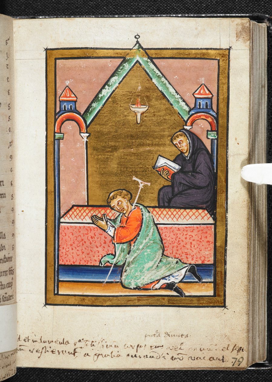 Yates Thompson Ms 26, f.79 r Béna imádkozik Szent Cuthbert sírjánál, illusztráció a „Bede, Cuthbert prózai élete” című könyvből (vellum) alkotó: English School