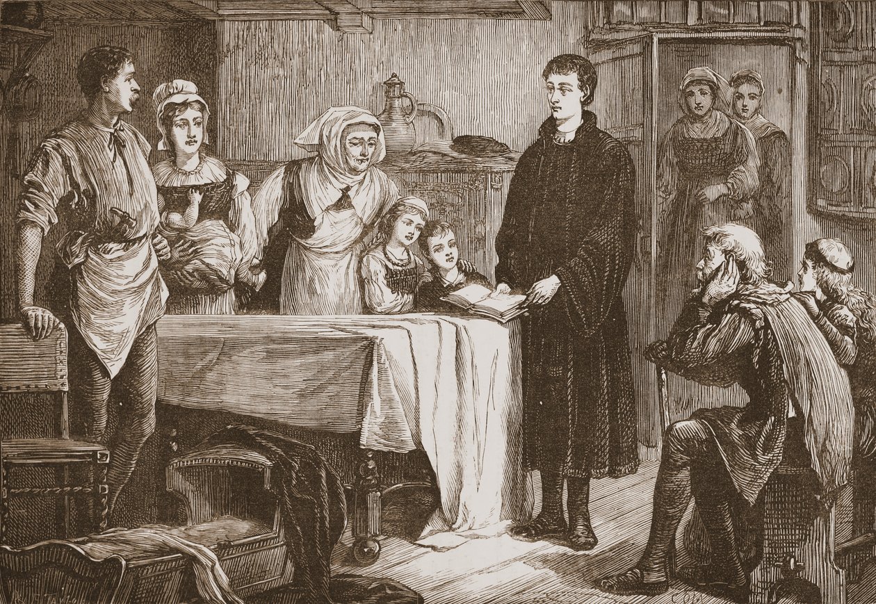 Az ifjú Kálvin a Bibliát magyarázza egy bourges-i családnak, illusztráció: James Aitken Wylie (1808-1890) A protestantizmus története című könyvéből, pub. 1878 alkotó: English School