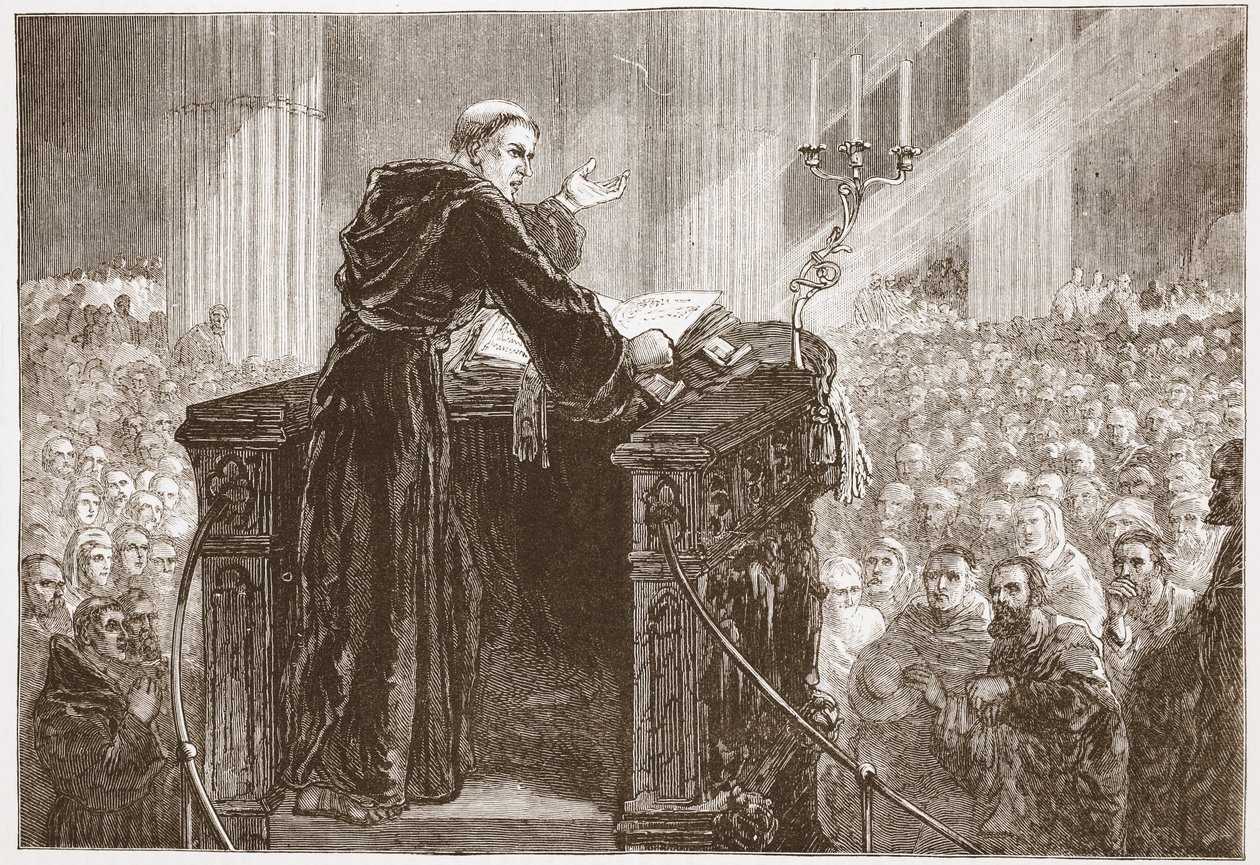 Zwingle prédikál a zürichi katedrálisban, illusztrációja James Aitken Wylie (1808-1890) A protestantizmus története című könyvéből, pub. 1878 alkotó: English School