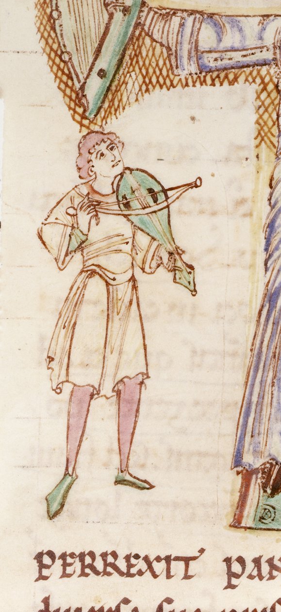 f.218v Egy lakott „T” kezdőbetű részlete, amely egy férfit ábrázol, aki egy rebeket játszik, a „Passionale”-ból, 1110 körül (vellum) alkotó: English School