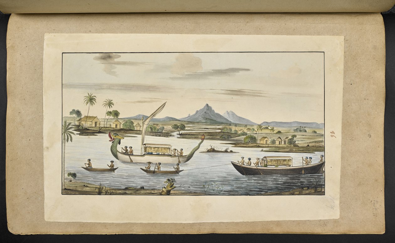 f.75 (86. tábla) Folyói jelenet Jáván csónakokkal, köztük egy sárkányfejű csónakkal alkotó: English School