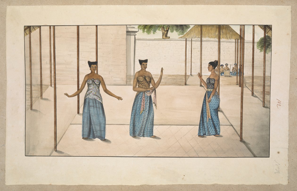 f.91 (102) Három serimpi udvari táncos és gamelan zenekar, valószínűleg Solo vagy Jogja 1811-13 (ceruza és akvarell papíron) alkotó: English School