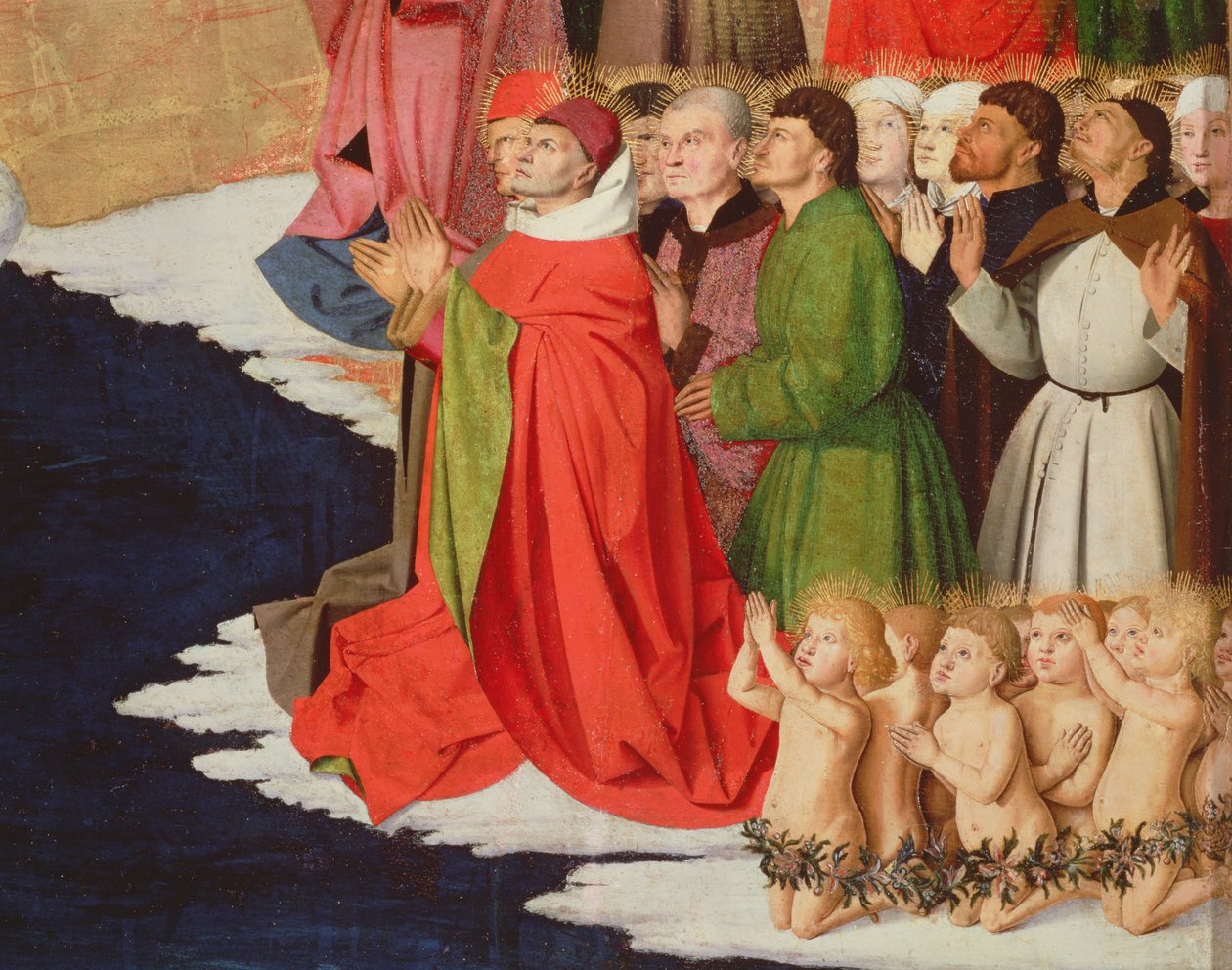 Papság és gyermekek, részlet a Szűz Mária megkoronázásából, 1453-54. alkotó: Enguerrand Quarton