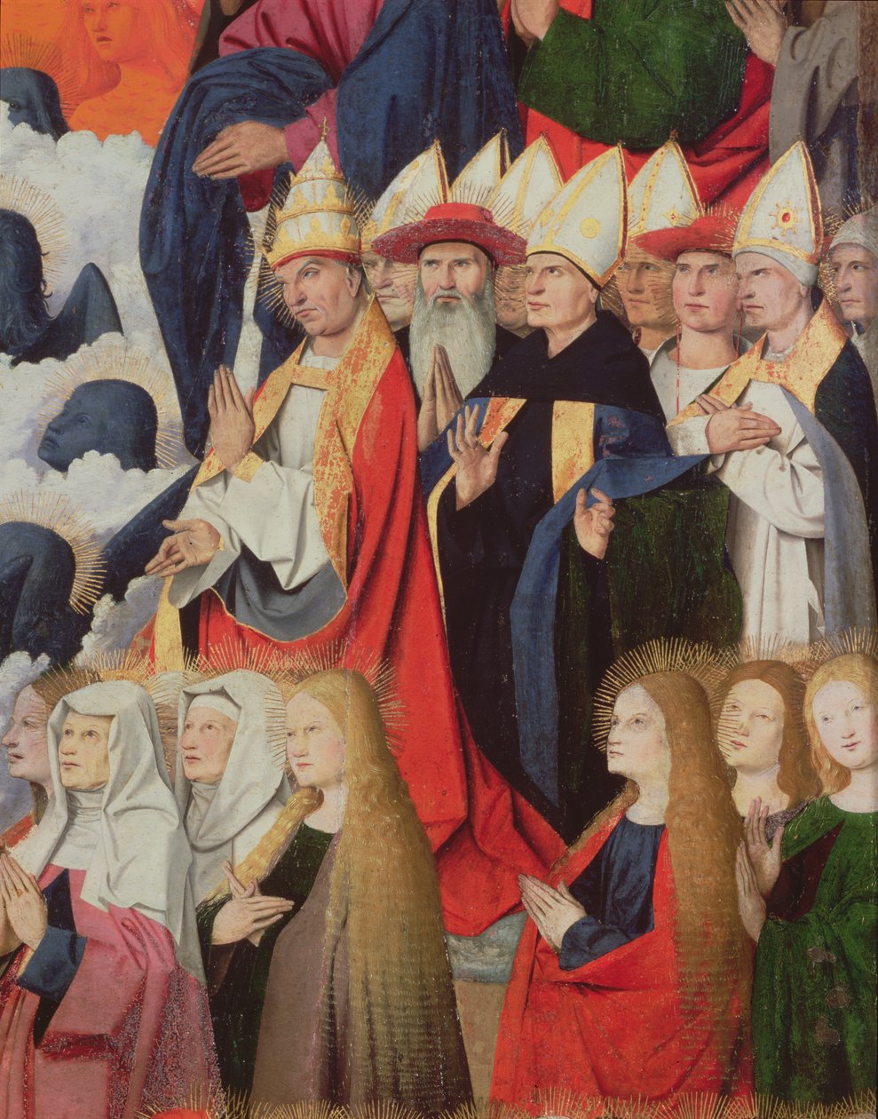 Elöljárók és szentek, a Szűz koronázásának részlete, 1453-54 olaj, tábla alkotó: Enguerrand Quarton