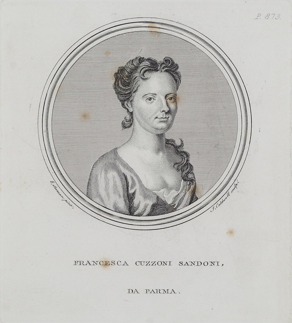 Francesca Cuzzoni Sandoni, Sir John Hawkins „A zene tudományának és gyakorlatának általános szótárából”, James Caldwall (1739-1822) metszete, 1776 alkotó: Enoch Seeman