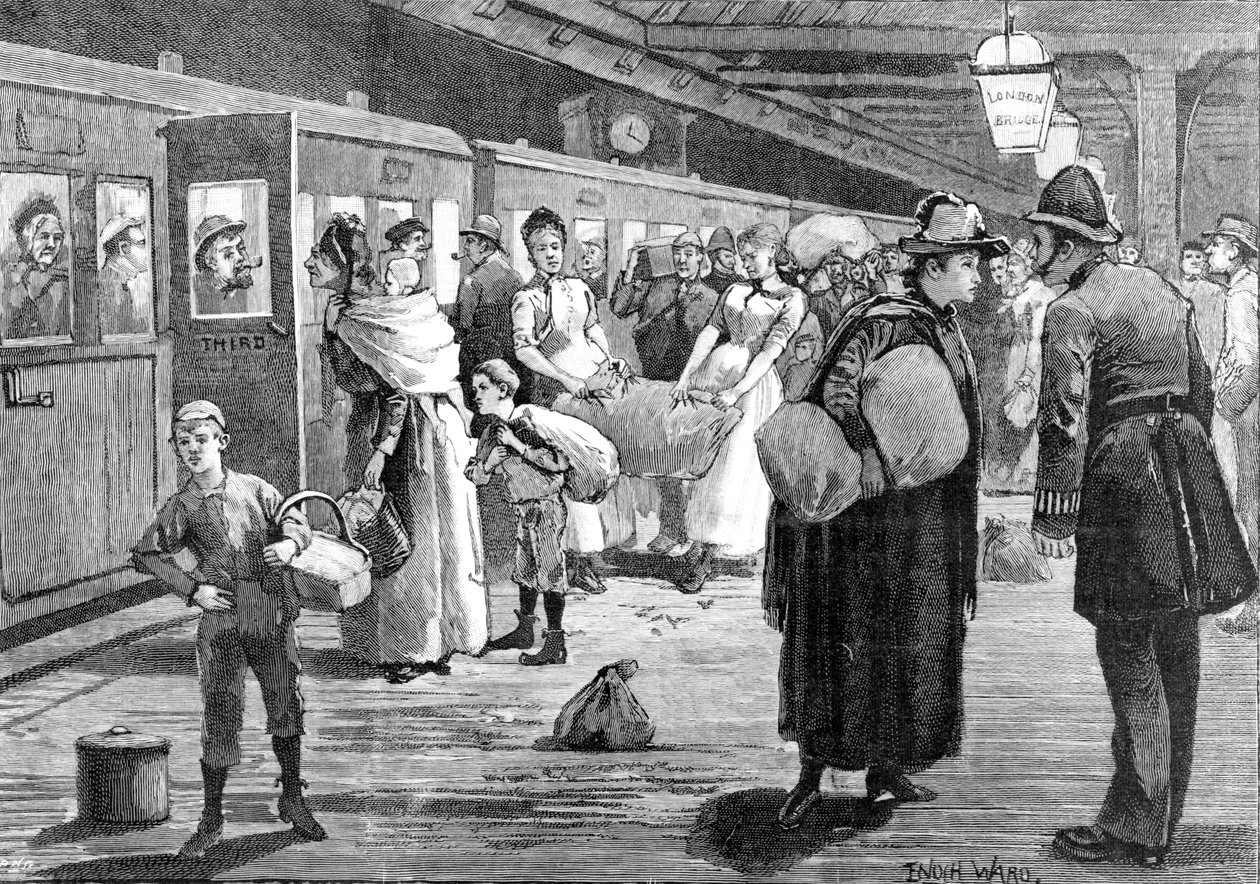 A London Bridge pályaudvarról induló komlószedők 1891 éjfélkor alkotó: Enoch Ward