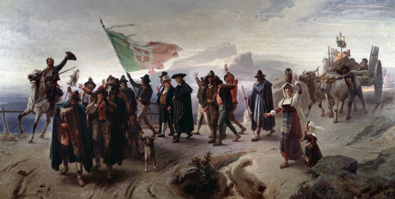 Risorgimento: „” Abruzzo régió csatolása az egyesített Olaszországhoz 1861-ben” (Abruzzo régió csatlakozása az egyesített Olaszországhoz 1861-ben) Enrico Gamba festménye (1831-1883) Méret: 104x207 cm Genes, Galleria d