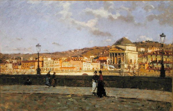 Rakpart a Pó-folyó mentén és a Grande Madre di Dio-templom, Torinó, 1882 alkotó: Enrico Reycend
