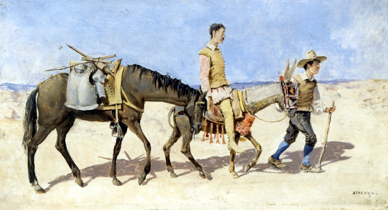 Don Quijote és Sancho Pança. Atalaya festménye. század vége. alkotó: Enrique Atalaya