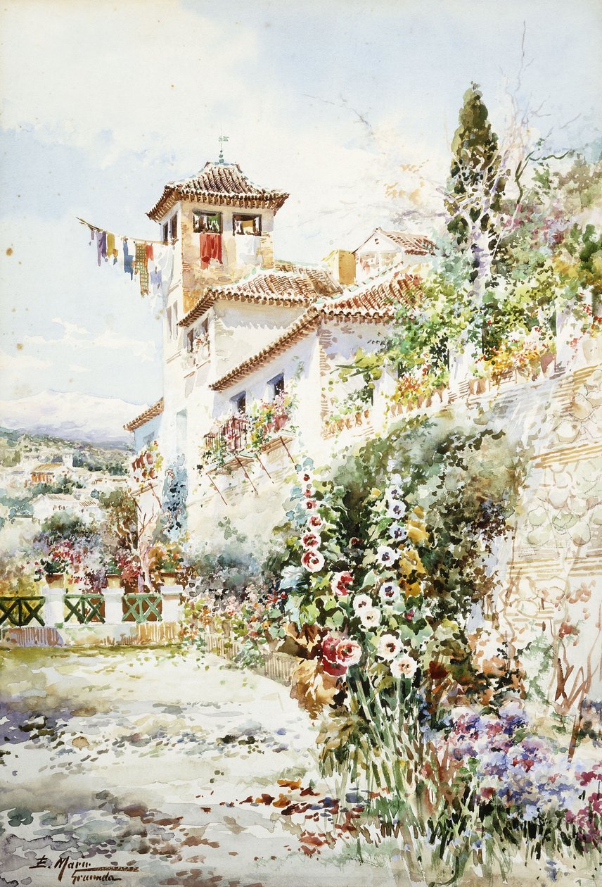 Andalúz ház és kert nyáron (ceruza és w/c) alkotó: Enrique Marin Higuero