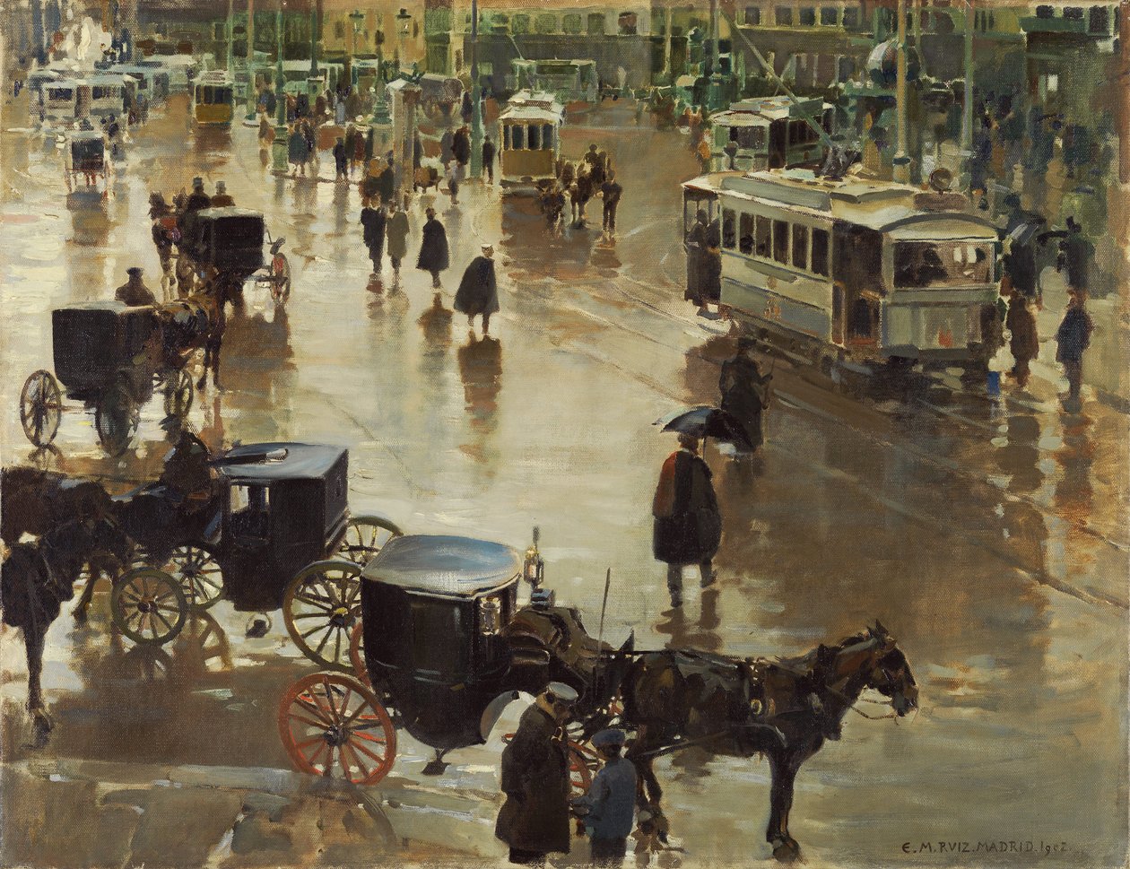 Puerta del Sol, Madrid - Martinez Cubells, Enrique (1874-1947) - 1902 - Olaj, vászon - 75x96,5 - Museo Carmen Thyssen, Malaga alkotó: Enrique Martinez Cubells y Ruiz