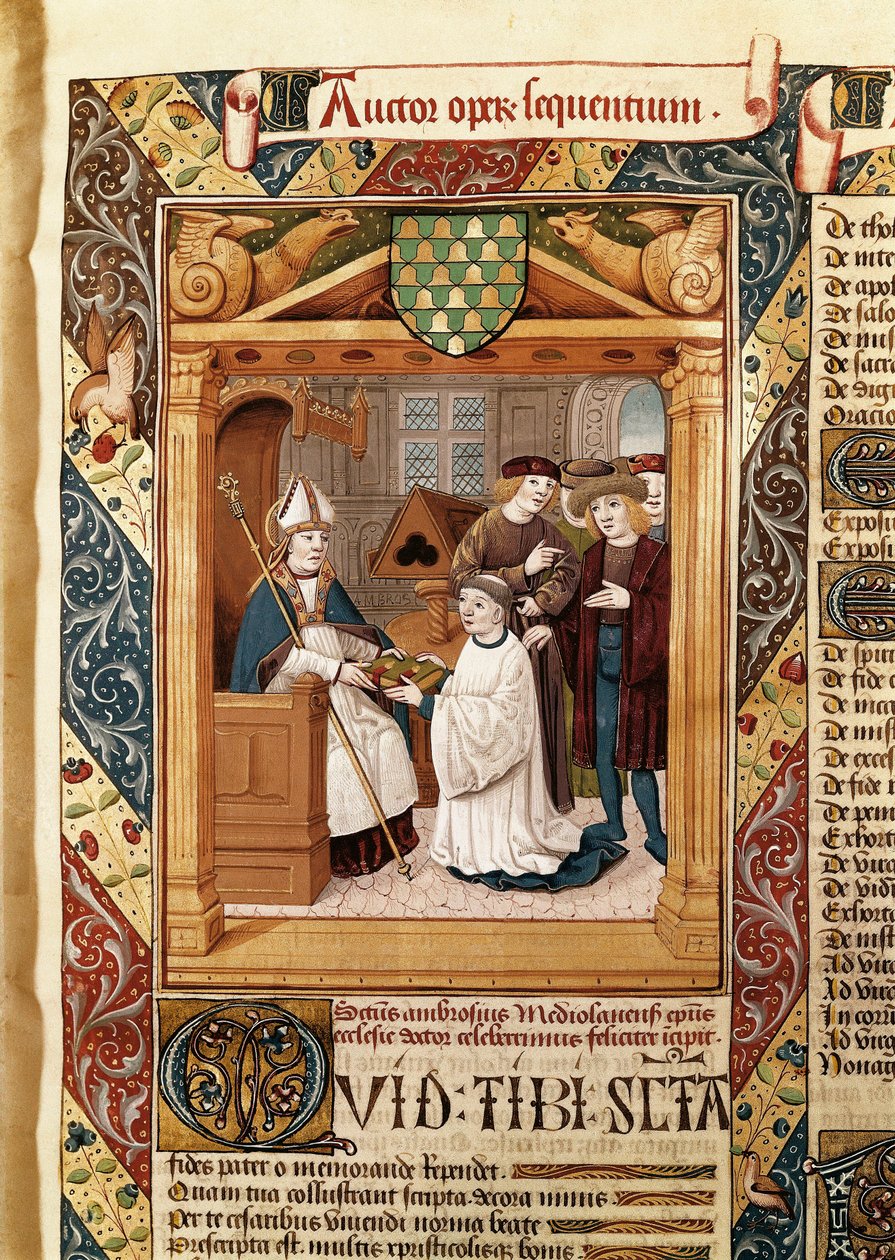 Szent Ambrus (339-397), milánói érsek bemutatja műveit rokonának, a "Szent Ambrose műveiből (1. köt.)" alkotó: Enrique de Bellorto