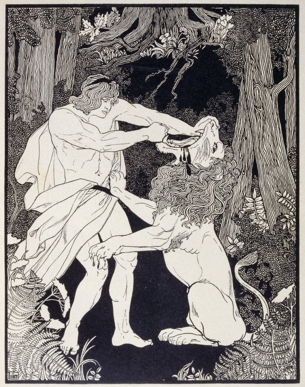 Sámson oroszlánnal harcoló rajz (metszet) alkotó: Ephraim Moses Lilien