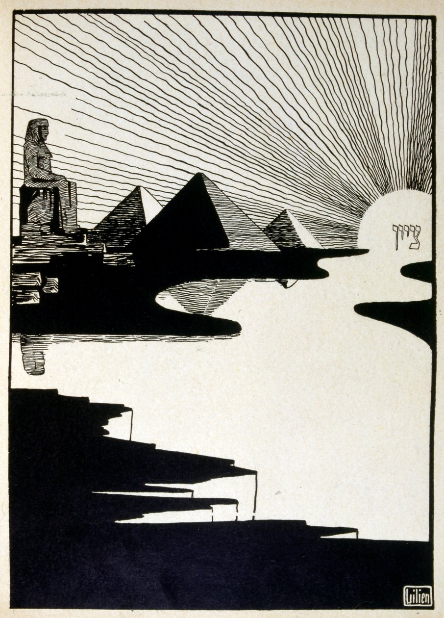 Pészach ünnepe, a Juda című könyvből, amelyet Ephraim Moses Lilien (1874-1925) illusztrált. Liliant a Jugendstil (német szecessziós) stílusban megalkotott cionista ikonográfia atyjaként tartják számon. Illusztrálta a „Juda” (1900) című bibliai verseskötete alkotó: Ephraim Moses Lilien