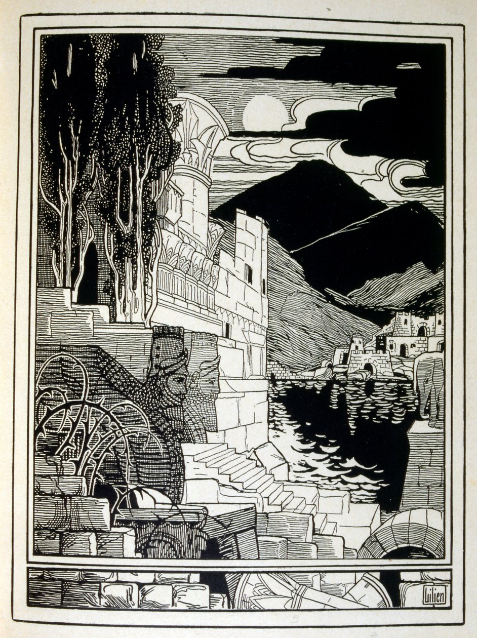 Szodoma romjai, a Juda című könyvből, amelyet Ephraim Moses Lilien (1874-1925) illusztrált. Liliant a Jugendstil (német szecessziós) stílusban megalkotott cionista ikonográfia atyjaként tartják számon. Illusztrálta a „Juda” (1900) című bibliai költő könyvé alkotó: Ephraim Moses Lilien