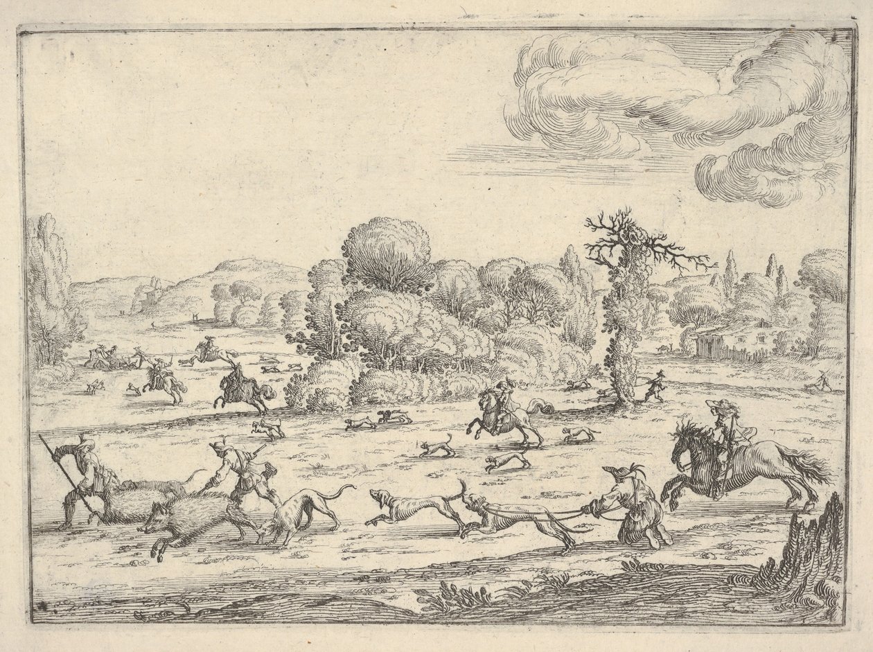 Vaddisznó vadászat egy tájban, kb. 1620-38. alkotó: Ercole Bazicaluva
